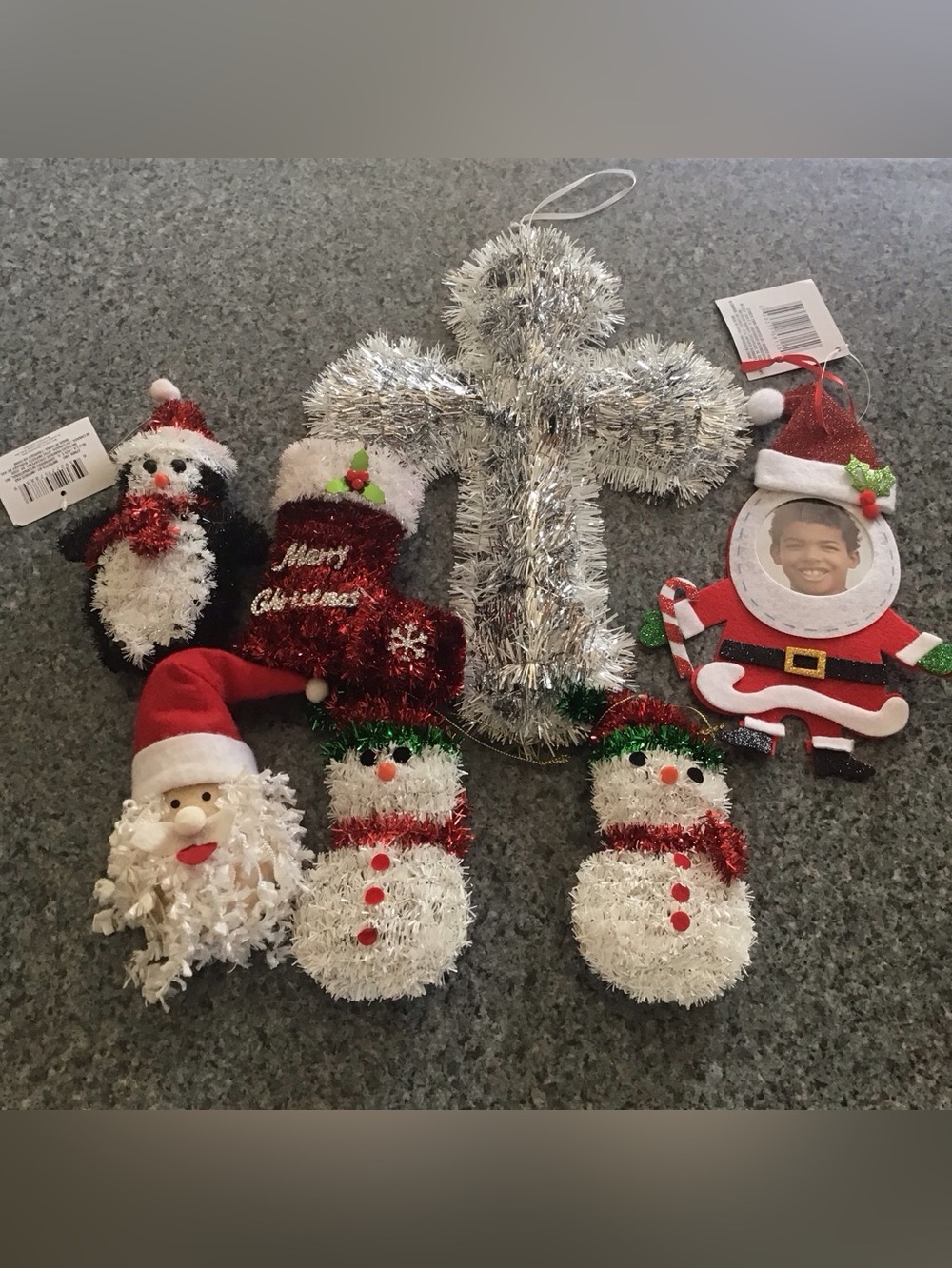 Christmas Holiday Decoration Ornaments Snowman Santa Claus Stocking Tinsel Decor